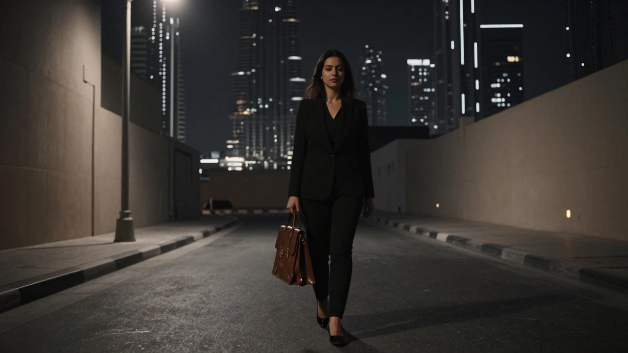 A discreet female professional walks alone at night in Dubai, the city&#039;s skyline glowing behind her.