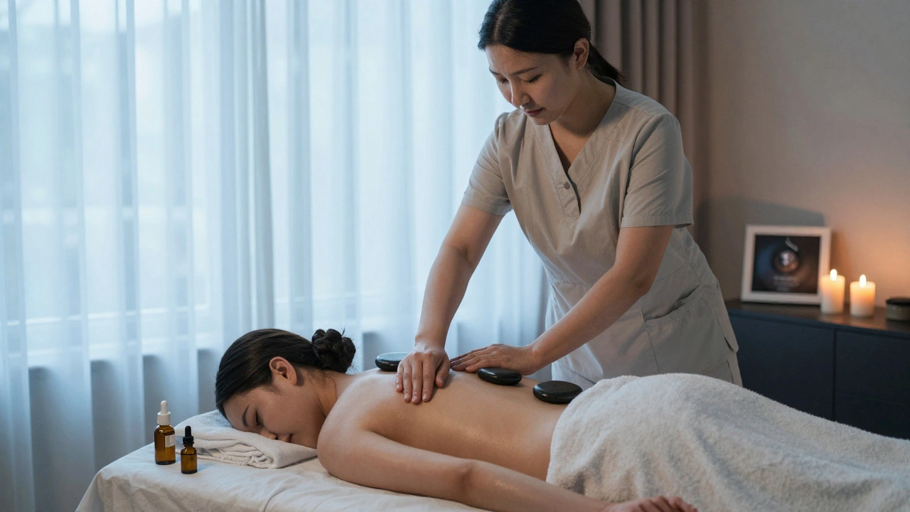A massage therapist uses warm stones and oils to provide a calming, non-sexual therapeutic session in a private villa.
